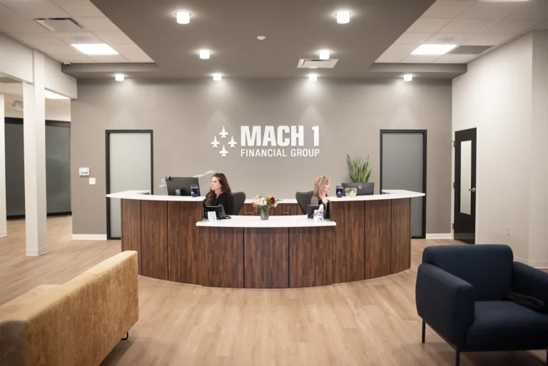 Wide view of the front lobby of the Mach 1 Financial office in Rogers, Arkansas
