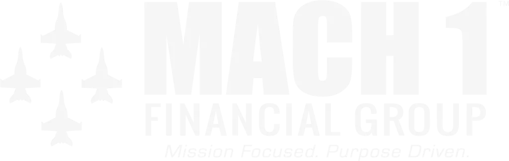 Rectangle logo for Mach 1 Financial Group with tagline "Mission Focused. Purpose Driven."